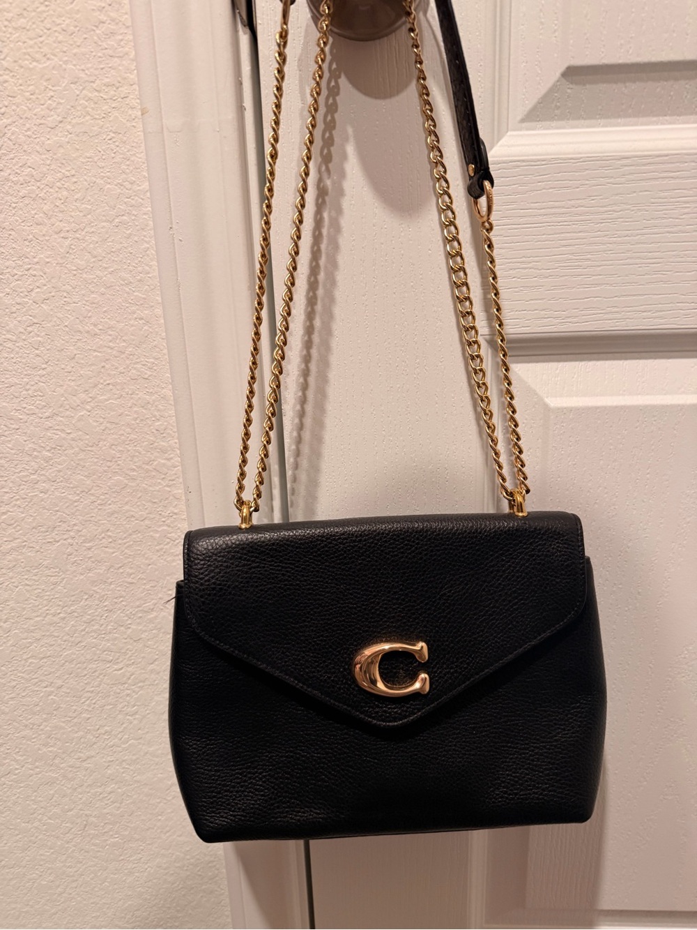 Coach Black Pebbled Leather Crossbody with Gold 'C' and Chain Strap - Picture 1 of 9